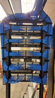 Backend of a network patch panel data rack.