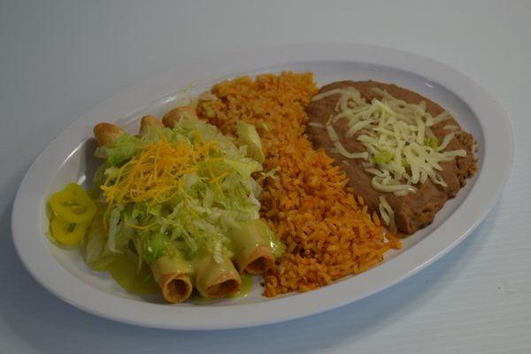 3 TAQITOS RICE AND BEANS