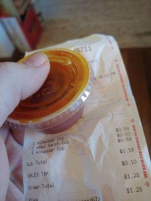 I asked for a large cup of Arby's sauce.  This is a small 1oz cup for $.59.  I pay less per pound for ribeye steak.  They were rude too.