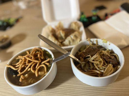 Left hot and sour soup/ right beef chow mein