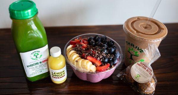 Organic Cold Pressed Juice, PB Acai Bowl, Lemon Ginger Shot, Protein Power Smoothie, and Protein Bites!