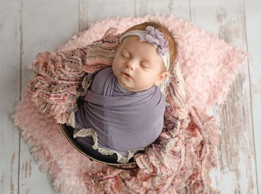 newborn posed in bucket during a newborn photography session.