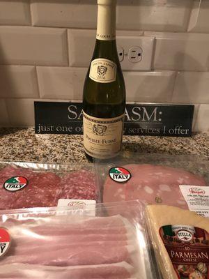 Great deal on Pouilly Fuisse to try to appease neighbor complaining about Mia barking: $16.99 3.23.18. Imported meats (not for her, lol)