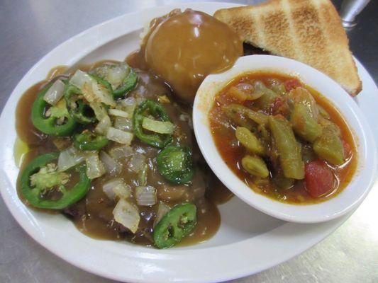 Hamburger steak with added sautéed fresh jalapeño