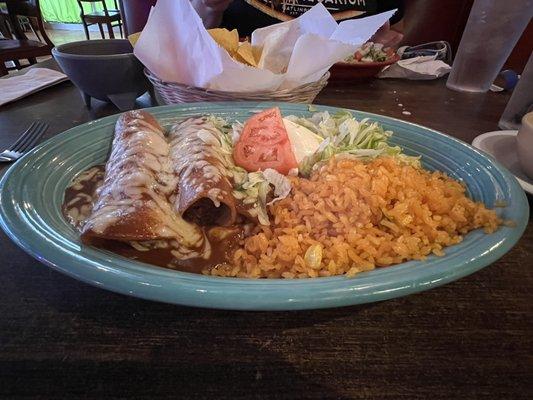 Mexico City - 3 enchiladas (one beef, one chicken, and one cheese) with rice, lettuce, tomato, and sour cream