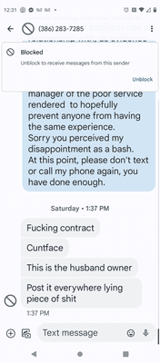 Message received from the owner using a personal phone calling me names