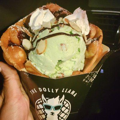 Almond pistachio ice cream in a bubble waffle, chocolate sauce, & almonds