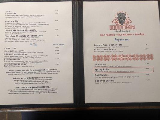 Appetizer and drink menu