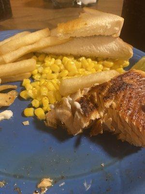 grilled salmon with fries and corn