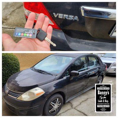 Key made for 
a Nissan Versa by
Danny's Lock & Key 
770-906-6172
www.dannyslockandkey.com