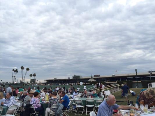 View of the clouds and the Santa Anita Racetrack stands...