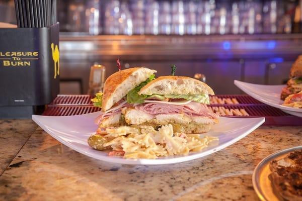 Red Sox Club- chicken breast, ham, avocado, lettuce, tomato, provolone with basil pesto mayo