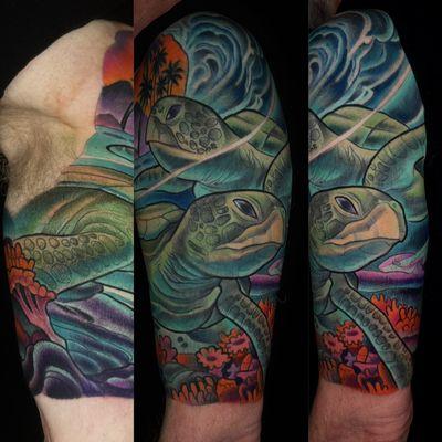 Illustrative turtle tattoo by Terry Ribera at Remington Tattoo San Diego, North Park