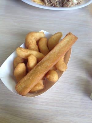 Hush puppies shaped like shrimp and a monster long hush puppy (overdone but still delicious!)