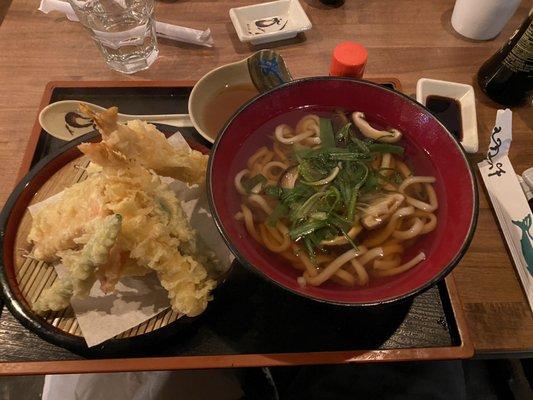 Tempura, shrimp and vegetables, udon noodle soup