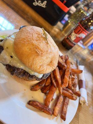 The Durham Burger with pepper jack on a GF bun and sweet potato fries. This was the best meal of the three we ordered