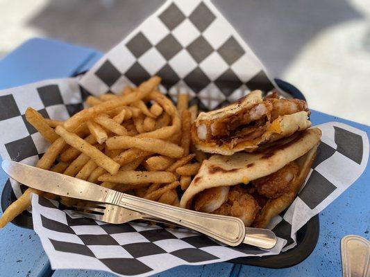 Shrimp and bacon panini and fries