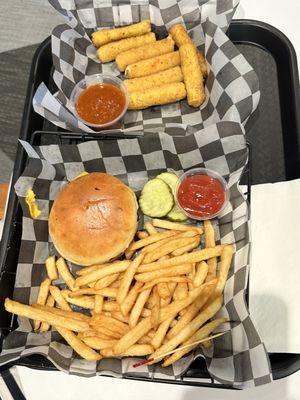 Kids Cheeseburger and mozzarella sticks