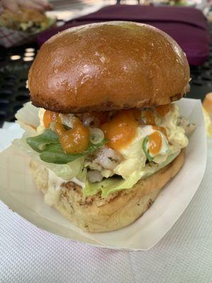 Burgerweek burger (burger with shrimp, macaroni salad, hot sauce, green onions)