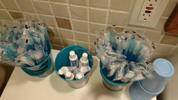 They have toothbrushes and toothpaste in the restroom ; which I think EVERY dental office should have.