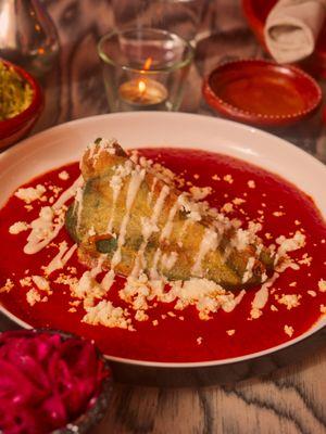 Chiles rellenos, charred tomato sauce