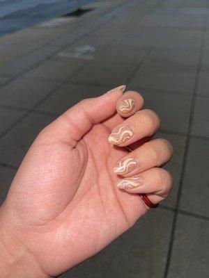 abstract nail design peach glitter