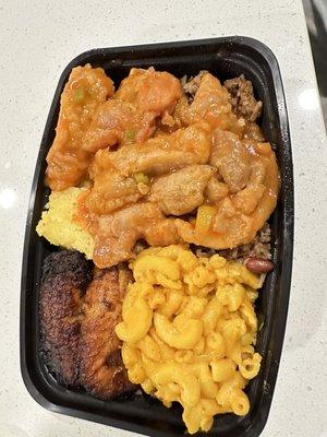 Sweet n sour, Rice n Peas, Mac & Cheese, Cornbread with fried sweet plantains