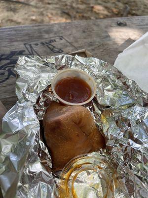 Samosa with a sweet/hot dipping sauce