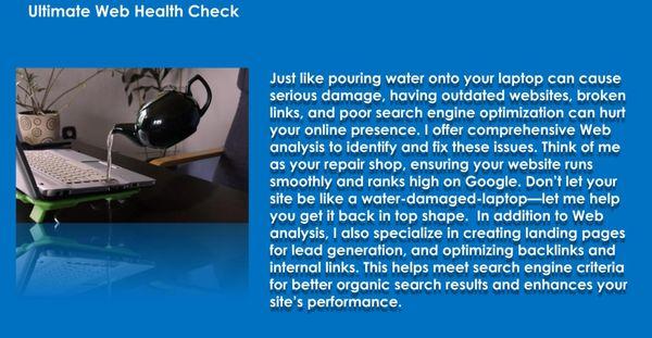 Keep your site in top shape-avoid harm with a thorough web analysis. Ensure all links and SEO are up to date for optimal performance.