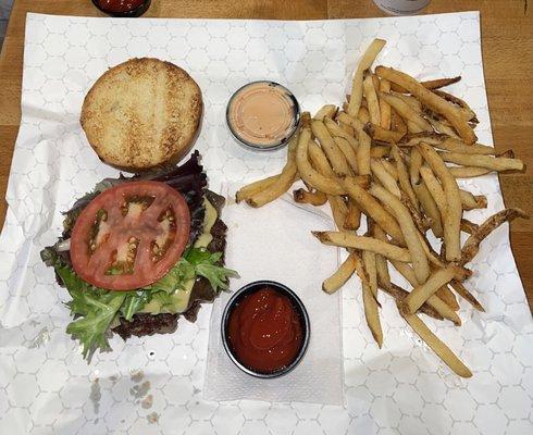 Mushroom & Swiss burger and fries.  The burger was good, but the bun was way to small for this size burger.