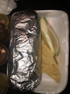 Carefully packaged California Burrito, came with 3 chips and a lemon slice lol