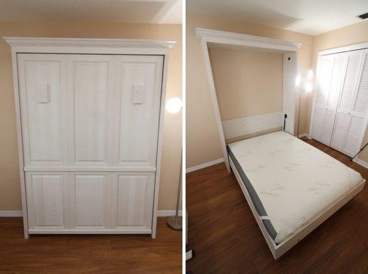 Traditional Full Size Murphy Wall Bed with Standard 2 Block Legs with Crown Molding Shown in Whitewash on Oak