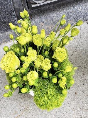 Green carnations, green balls and green hypericum