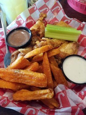 Sweet potato fries. Honey BBQ Wings