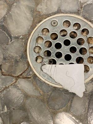 Hair and trash in drain on arrival.