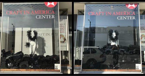 "Drowning in Black Plastic" window installation at Craft In America by Harriete Estel Berman addresses the environmental impact of plastic.