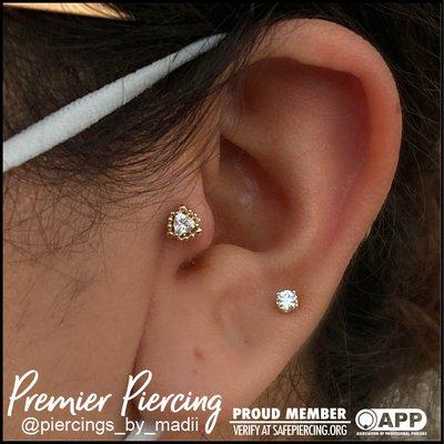 Tragus and ear lobe piercing with solid 14k and 18k gold jewelry