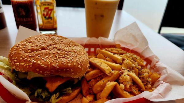 tasty juicy cheeseburger & xtra garlic fries with a fresh banana shake