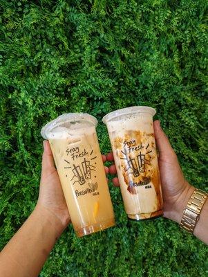 Signature fruit tea and creme brulee brown sugar milk tea