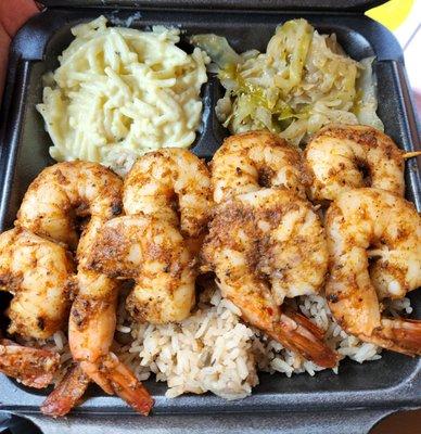 Jerk shrimp, caribbean mac and cheese, cabbage were delicious