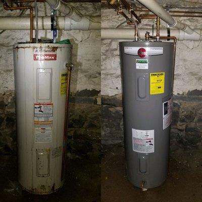 Before and after, 50 gallon electric water heater install.