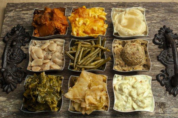 Assortment of Vegetables: Sweet Potato, Macaroni and Cheese, Mashed Potato, Green Beans, Lima Beans, Greens, Cabbage, Potato Salad