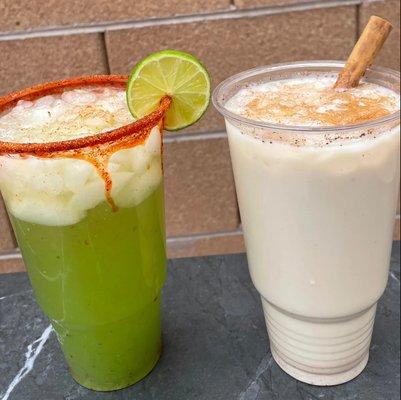 Aguas Frescas Cucumber with lime, horchata, and hibiscus.