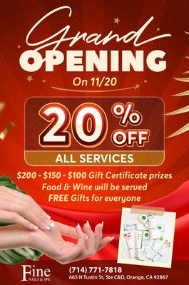 GRAND OPENING ON 11/20
20% Off All services
Up to $200 Gift Certificates Give Away & Other FREE Gifts
Only on 11/20

We are excited