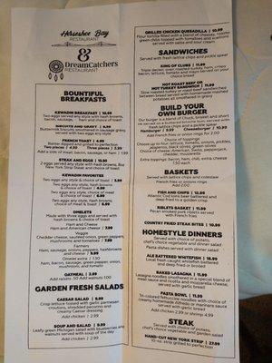 Horseshoe Bay restaurant menu.