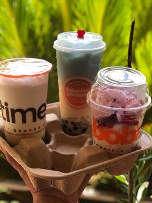 Frosty milk with caramel boba & pudding, Blue sky milk tea,Strawberry cup shaved ice