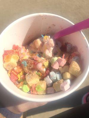 Strawberry Cheesecake Ice Cream with Marshmallow topping and Fruity Pebbles