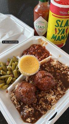 Meat Ball Stew Thursday Special, Green Beans, BBQ Beans, Corn Bread