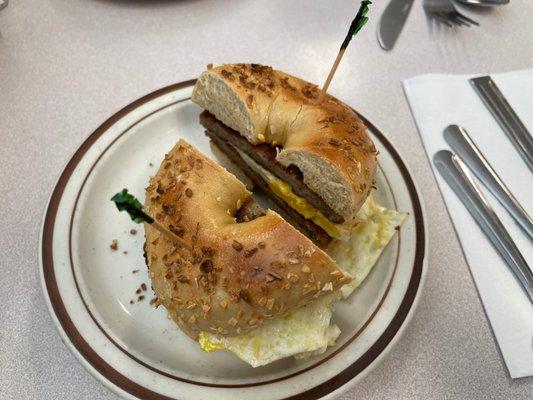 Breakfast sandwich on an onion bagel.