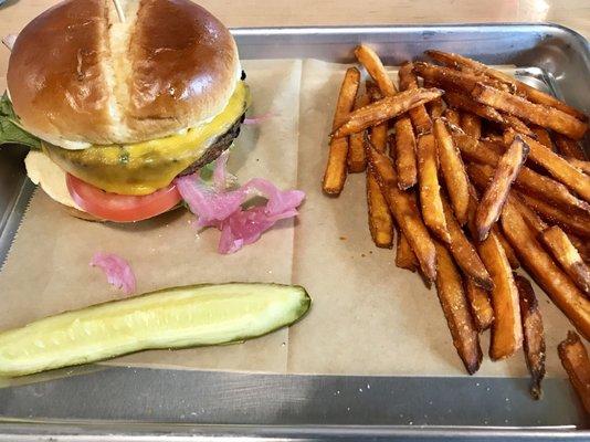 Veg Burger and sweet potato fries